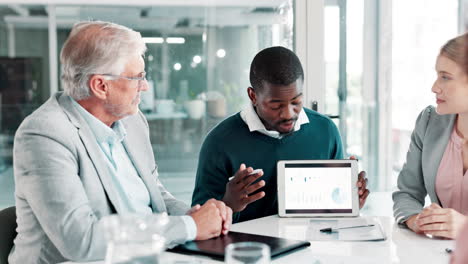 business meeting with data presentation on tablet