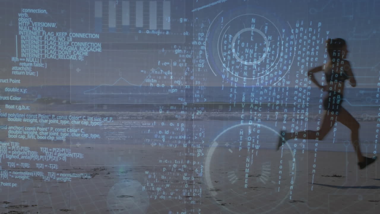 Animation of data processing over caucasian woman running on beach