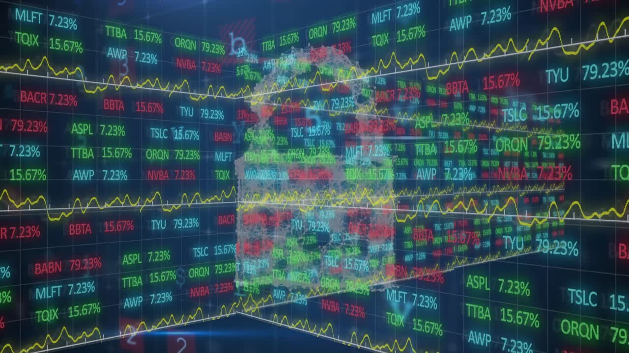 금융 데이터의 애니메이션, 그래프, 해군 배경에 디지털 락