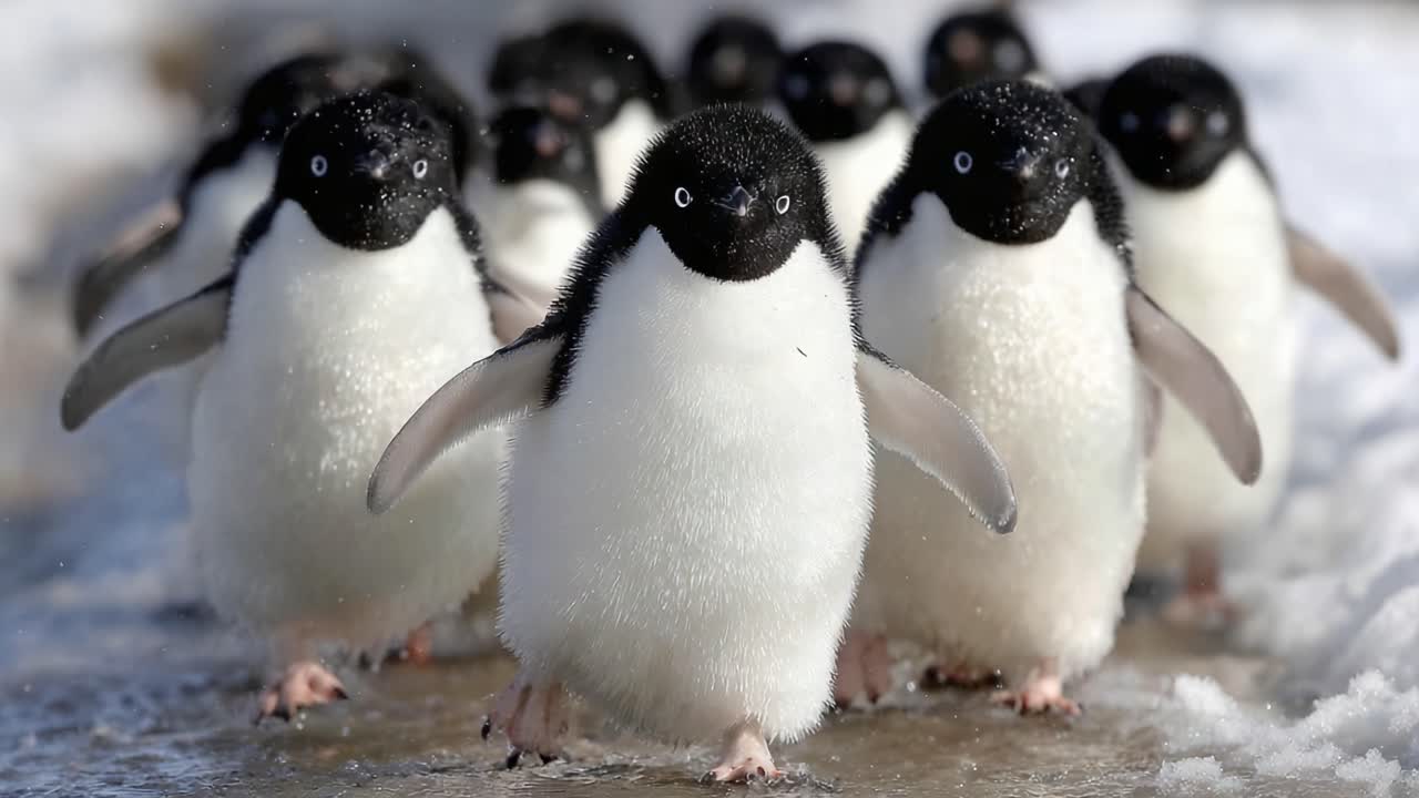Adélie Penguins Marching Together Across the Icy Landscape, Showcasing Their Unique Features and Social Behavior in a Natural Environment