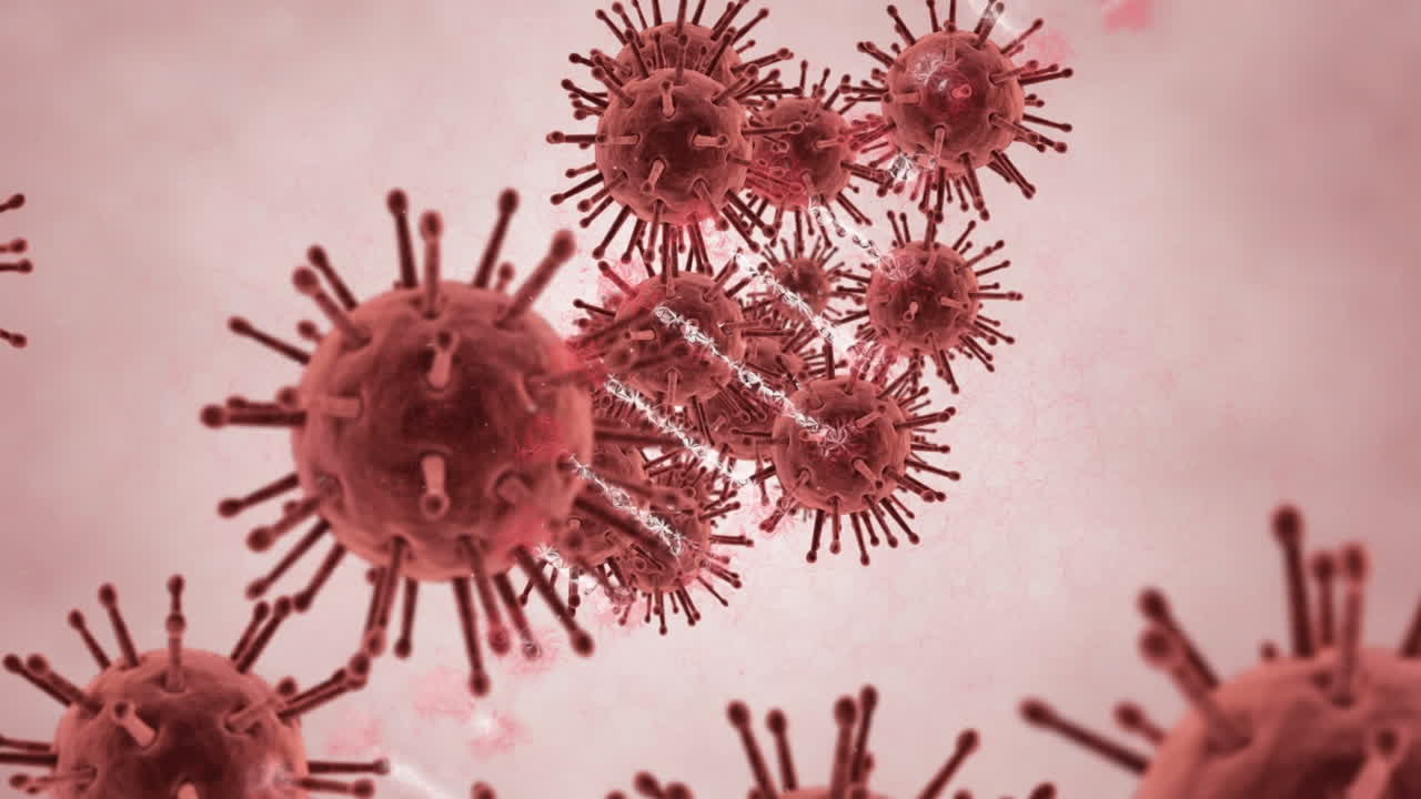 animación de la cadena de adn girando sobre las células de covid 19 flotando