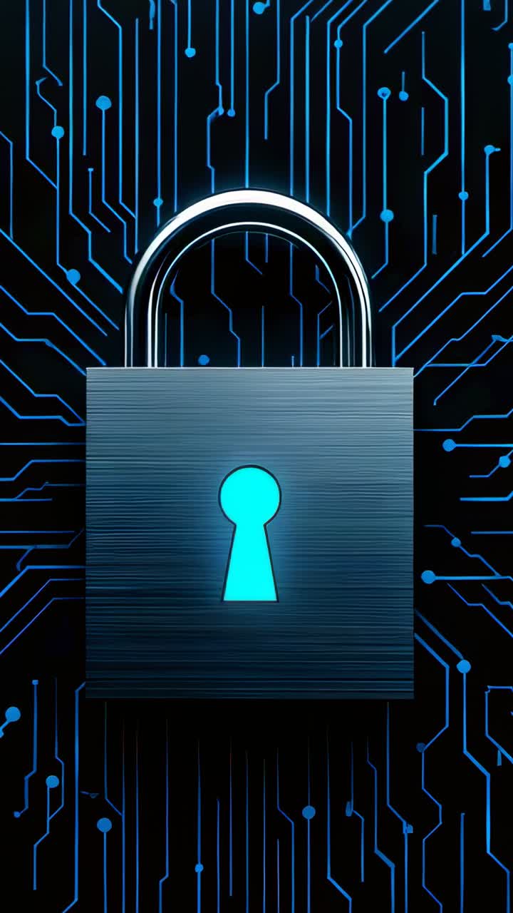 Vertical video: Metallic padlock shimmering against neon blue circuit, with glowing blue keyhole