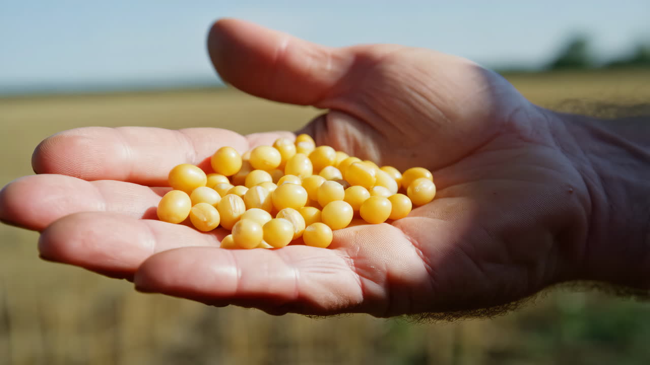 Hand holding soybeans in a field