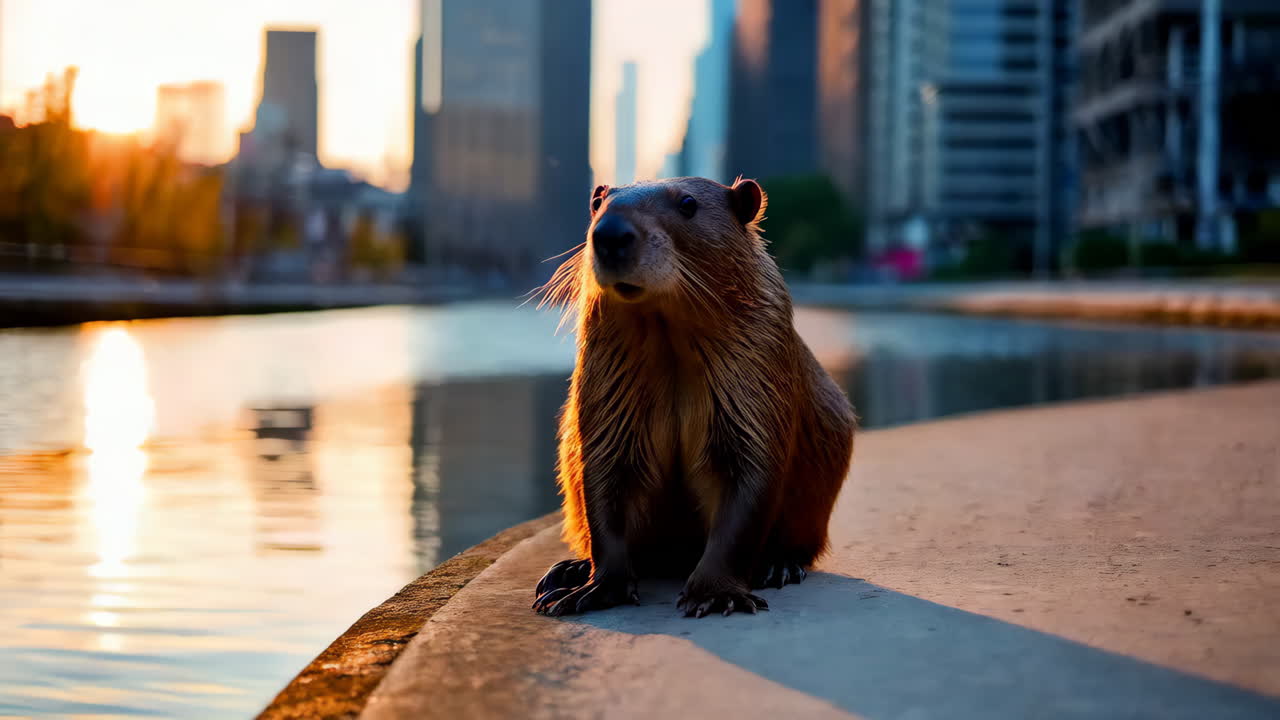 Beaver by the canal at sunset in the city