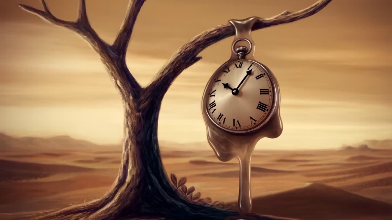 Orologio surreale che si scioglie su un albero spoglio in un paesaggio desertico