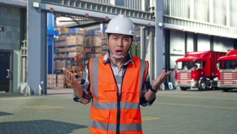 wondering asian male engineer with safety helmet saying why working doubtfully , outside of logistics distributions warehouse