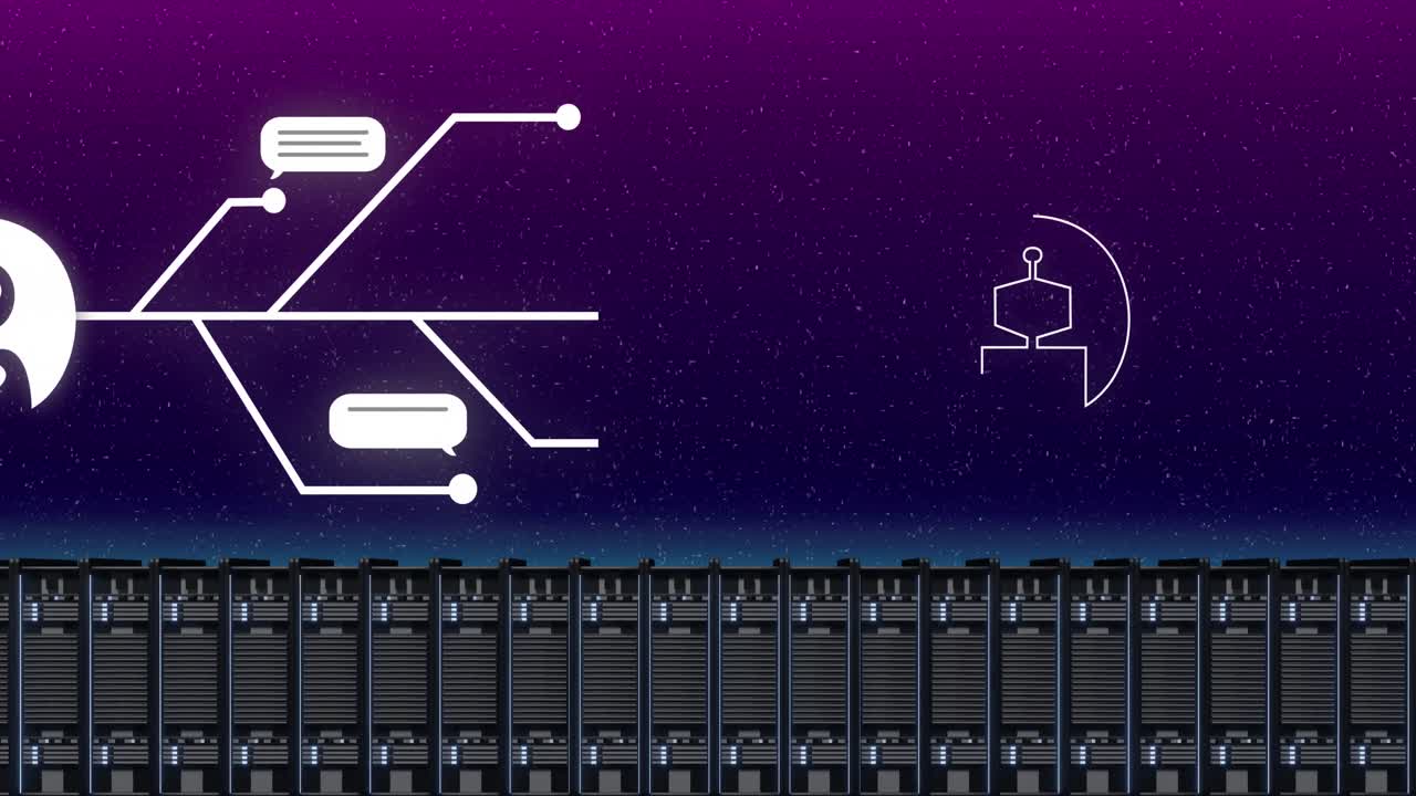 Animation of ai data processing and icon over computer circuit board