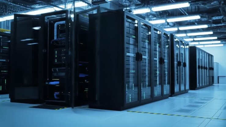 Udforskning af et moderne datacenter: Et indblik i det højteknologiske miljø med serverracks og avanceret infrastruktur