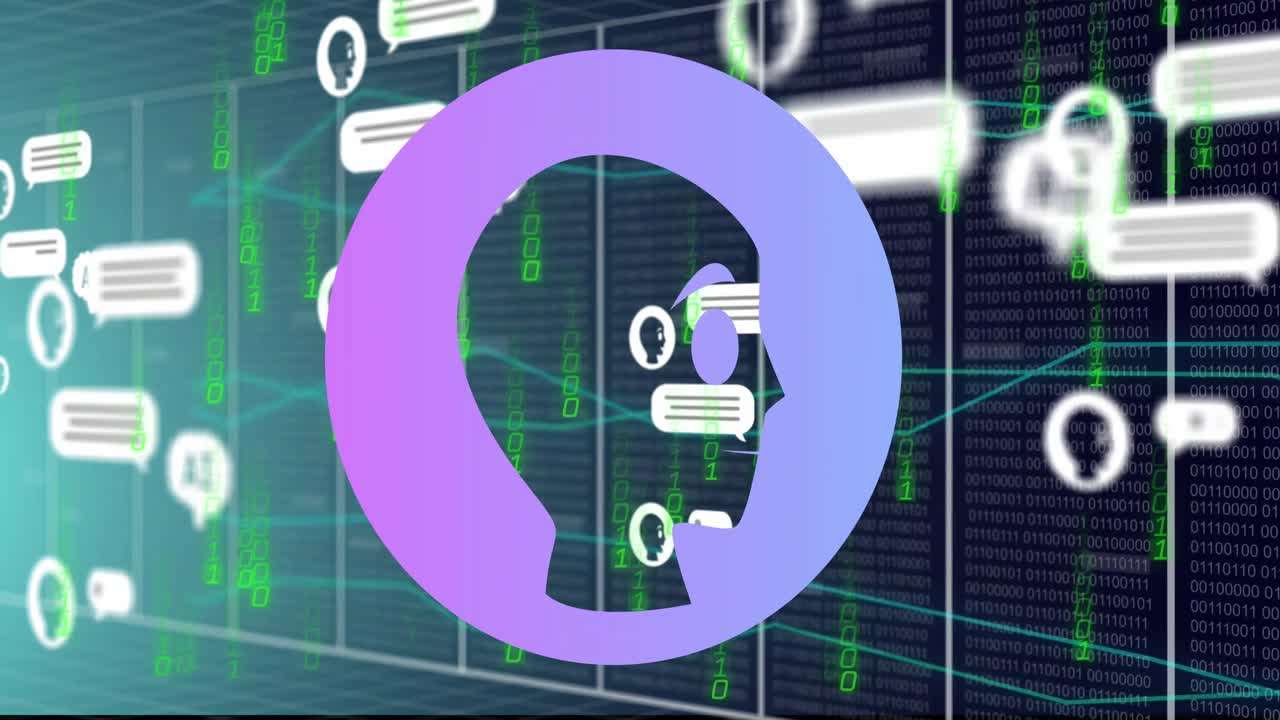Animation of ai chat and data processing over grid on green background
