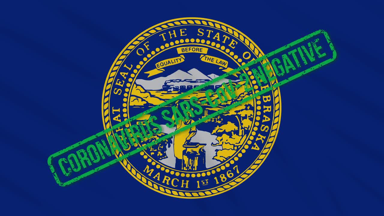 미국 네브래스카 주 (nebraska state) 의 발은 코로나 바이러스로부터의 자유의 녹색 스프로 흔들리고 있습니다.