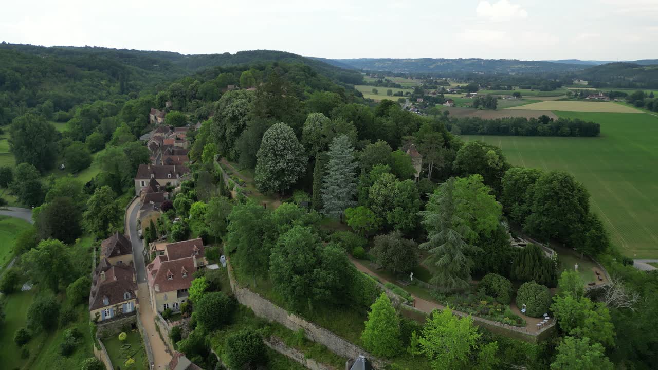 Ascending drone,aerial  Limeuil village Dordogne France