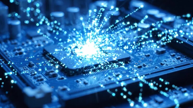 An Electrifying Glimpse into the Heart of Technology: A Transformative Moment Captured as Energy Sparks from the Core of a Computer Circuit Board, Showcasing the Future of Innovation