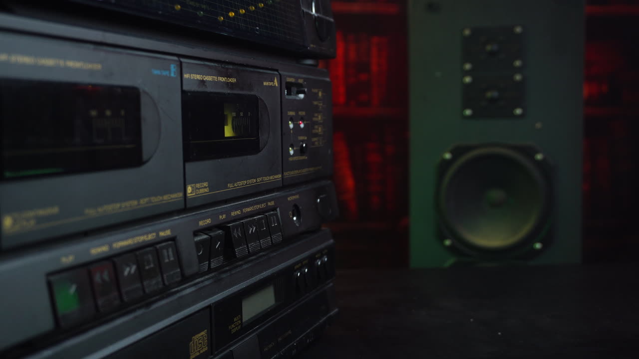 Inserimento di una cassetta audio gialla e pressione del pulsante di registrazione su un registratore a doppio deck.