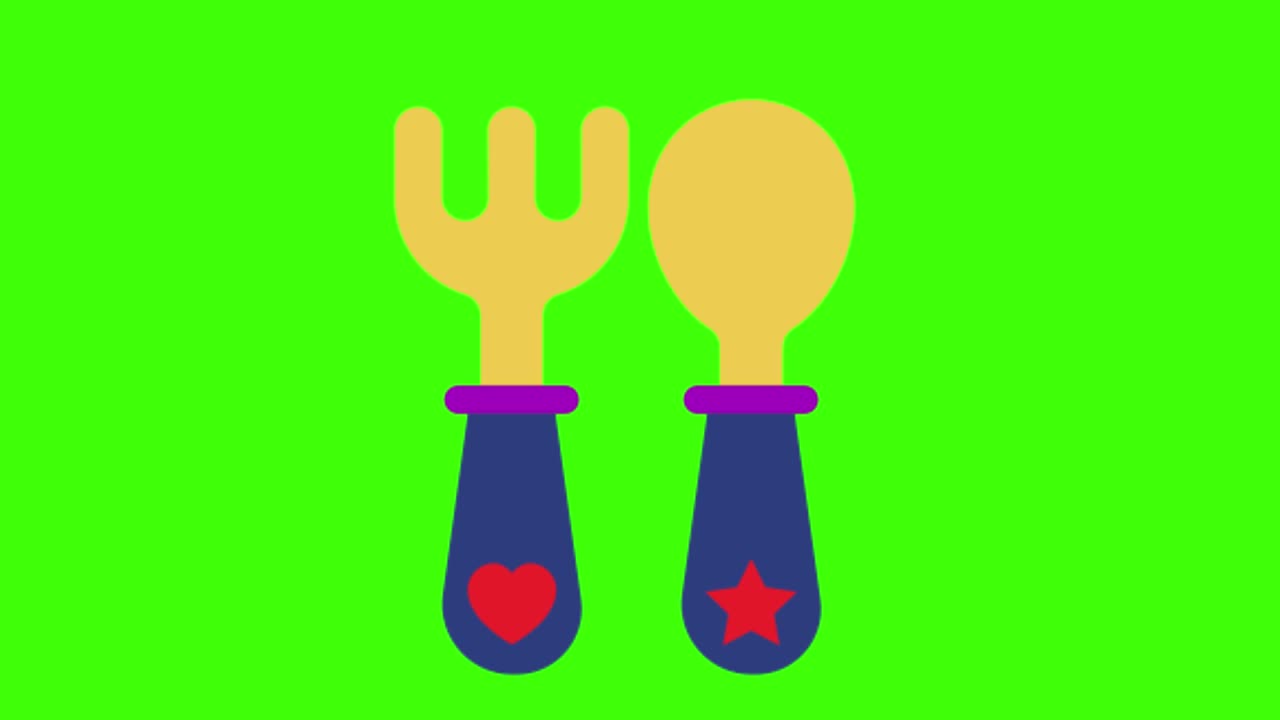 2D animated illustration of a baby spoon and fork on a green screen