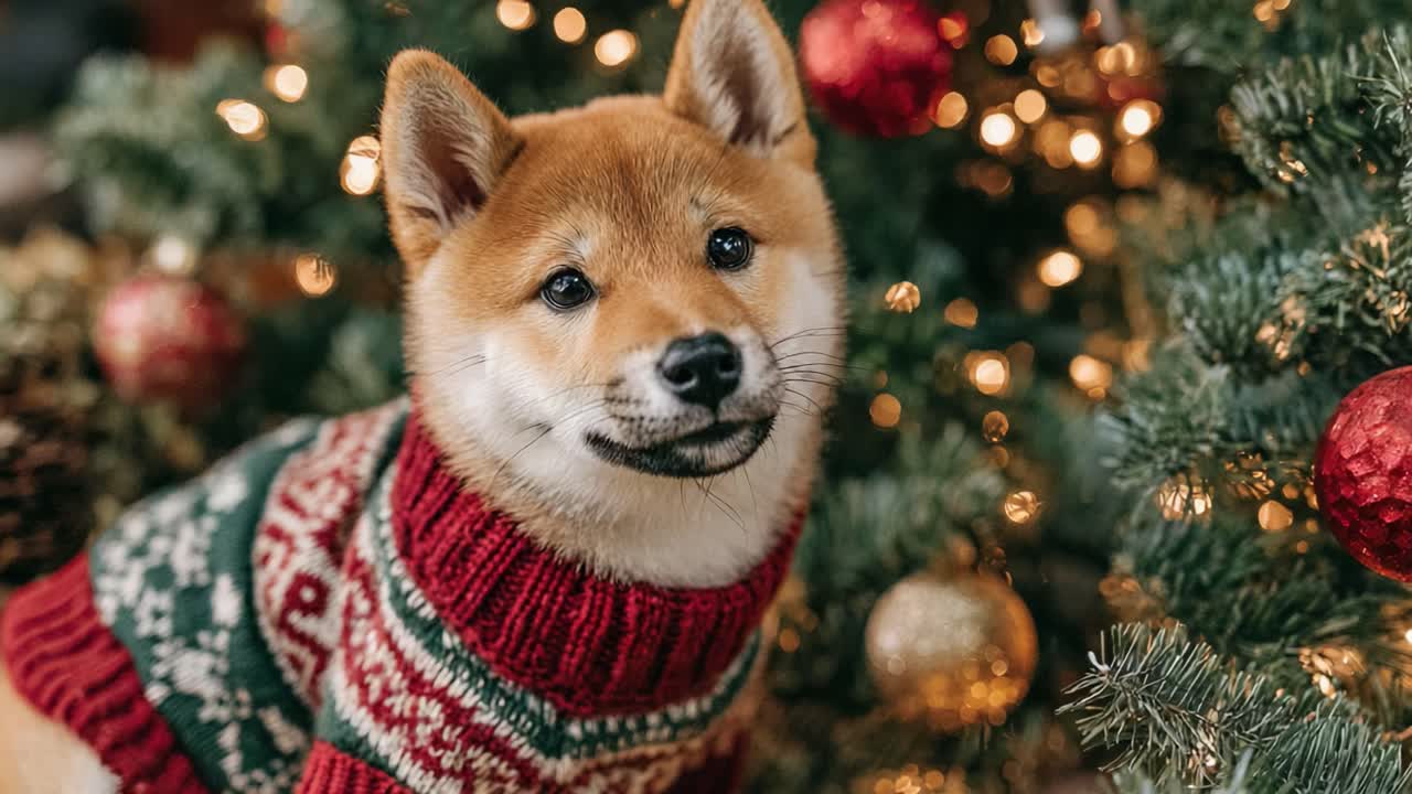 Adorable Shiba Inu Dressed in Festive Sweater Surrounded by Twinkling Christmas Lights and Ornaments, Capturing the Joy of the Holiday Spirit