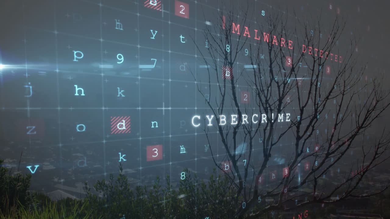 Digital warning overlay floating over foggy cityscape, highlighting glowing code blocks and glyphs