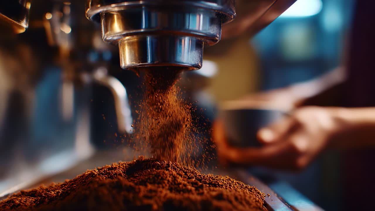 Barista skillfully prepares fresh ground coffee using an espresso machine, showcasing the rich texture of coffee grounds and the artistry of brewing