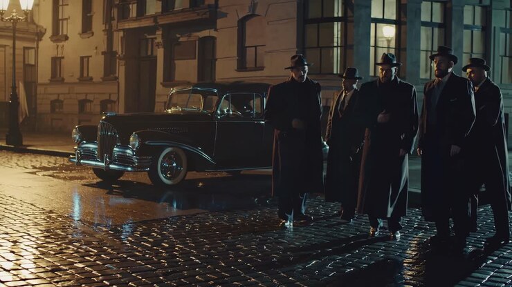 A vintage, noir-style video scene shows five men in trench coats and hats walking on a wet