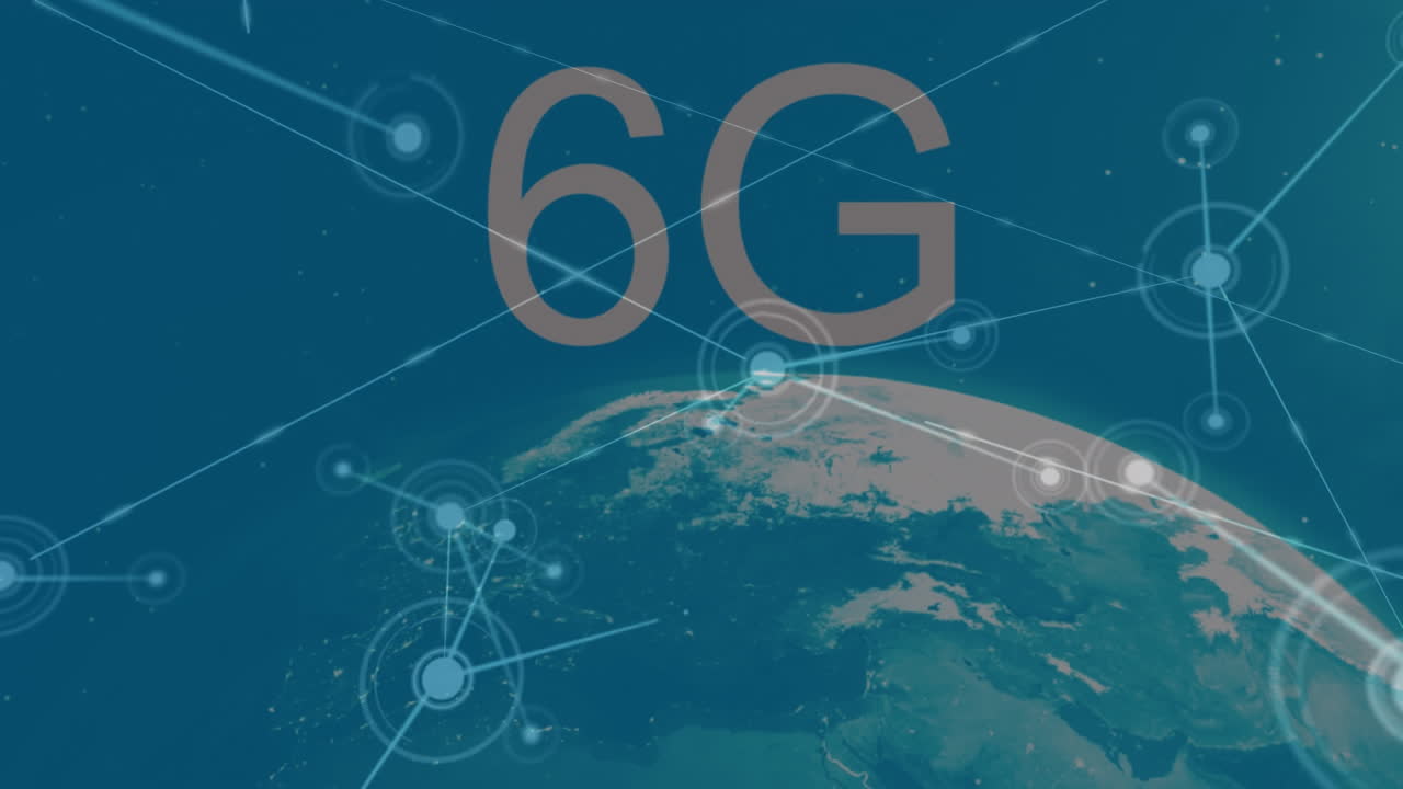 animación de texto 6g, iconos conectados sobre un globo giratorio contra las llamaradas de la lente en fondo azul