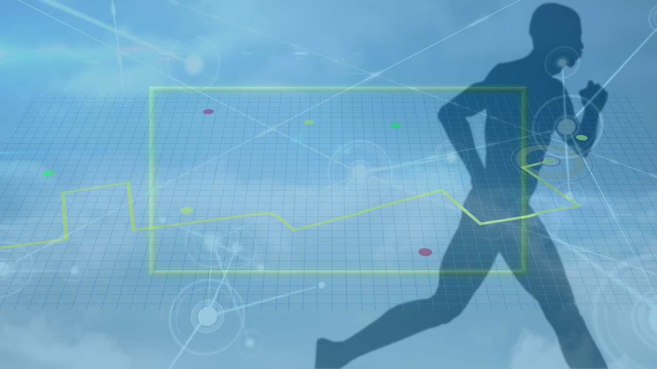 Animation of abstract computer icons with silhouette male athlete running in background