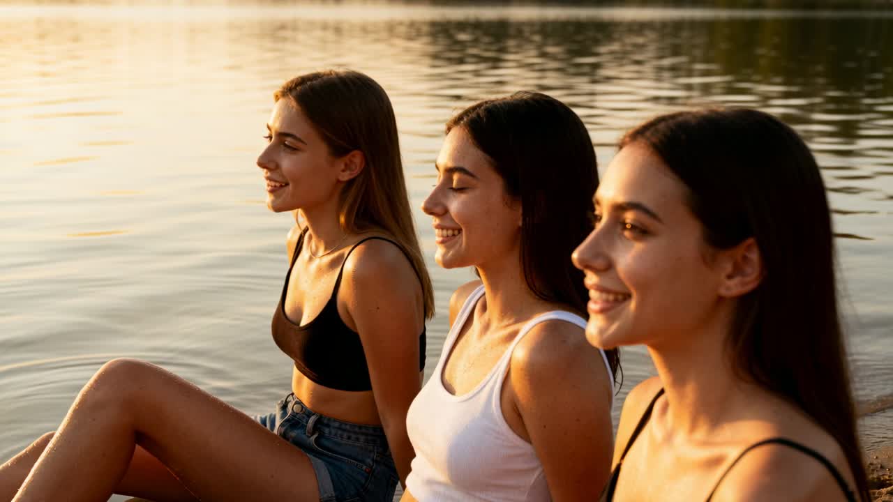 Tre donne che parlano e sorridono sulla riva del lago con acqua illuminata dal sole, con la telecamera che si muove a destra, mentre indossano canotte
