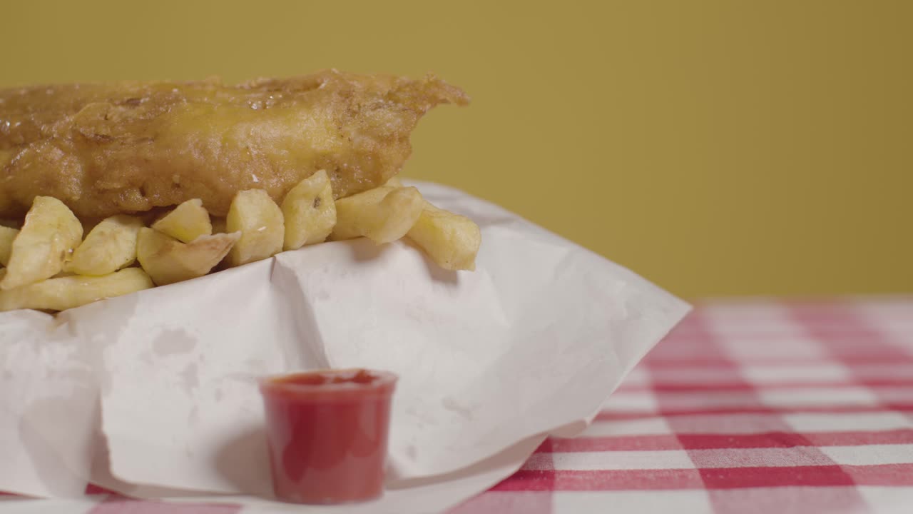 toma de estudio de cerca de una comida tradicional británica de pescado y papas fritas con vinagre