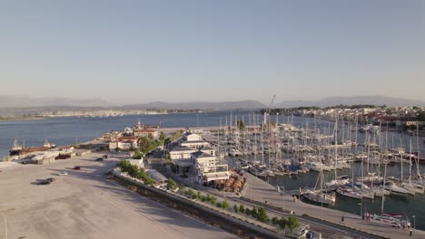 aerial view over the marina with sail boats in preveza, greece