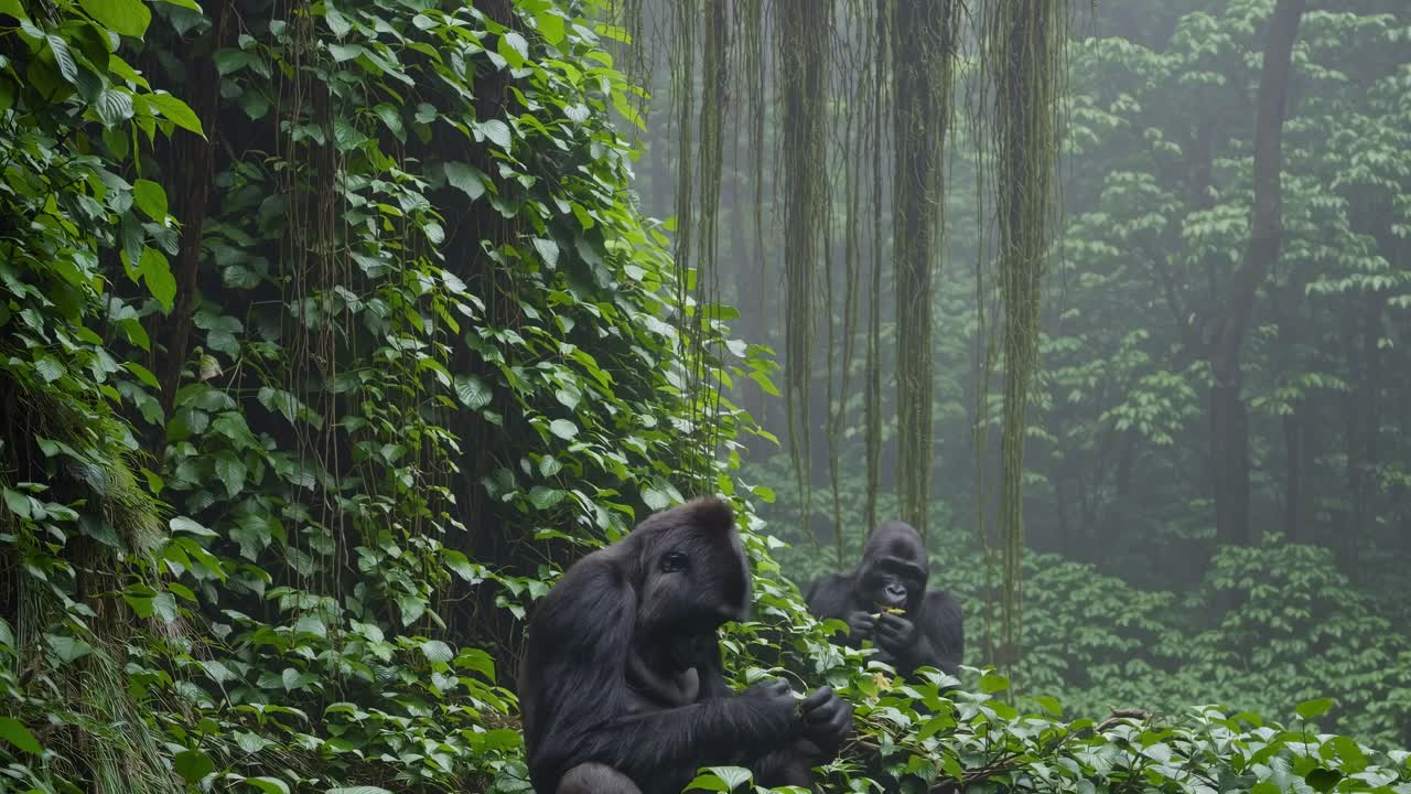 Un video girato dal basso mostra due gorilla in una giungla lussureggiante e nebbiosa, enfatizzandone l’aspetto naturale.