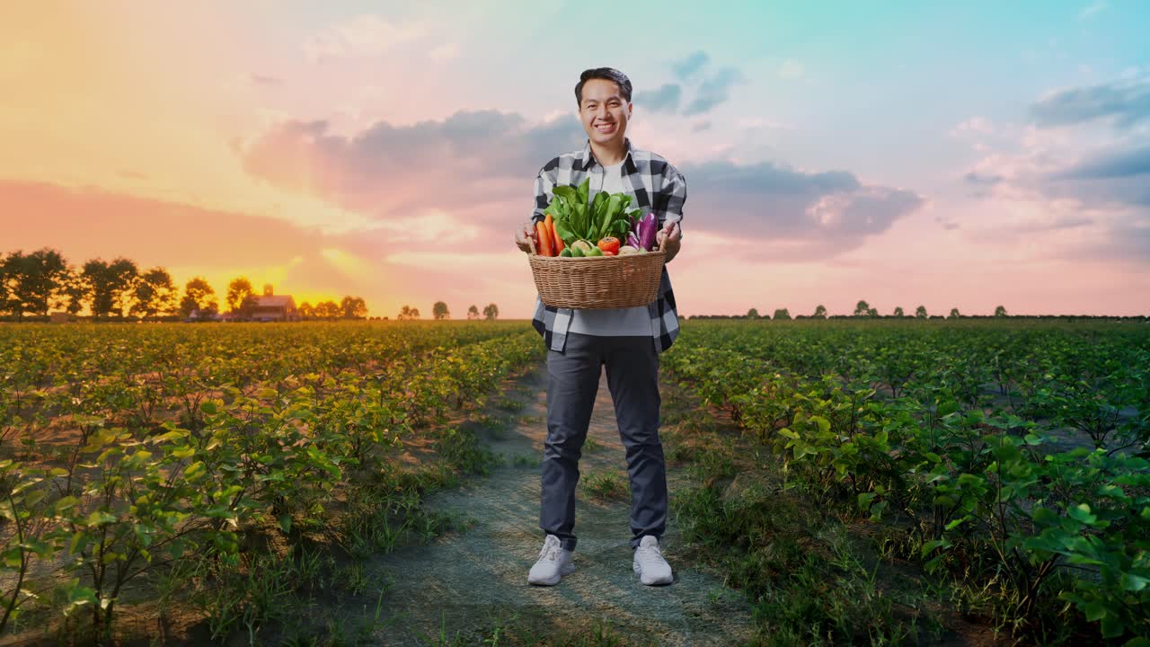 야채 바구니를 들고 에서 따뜻하게 미소 짓는 아시아 남성 농부의 몸이 가득 차 있습니다.