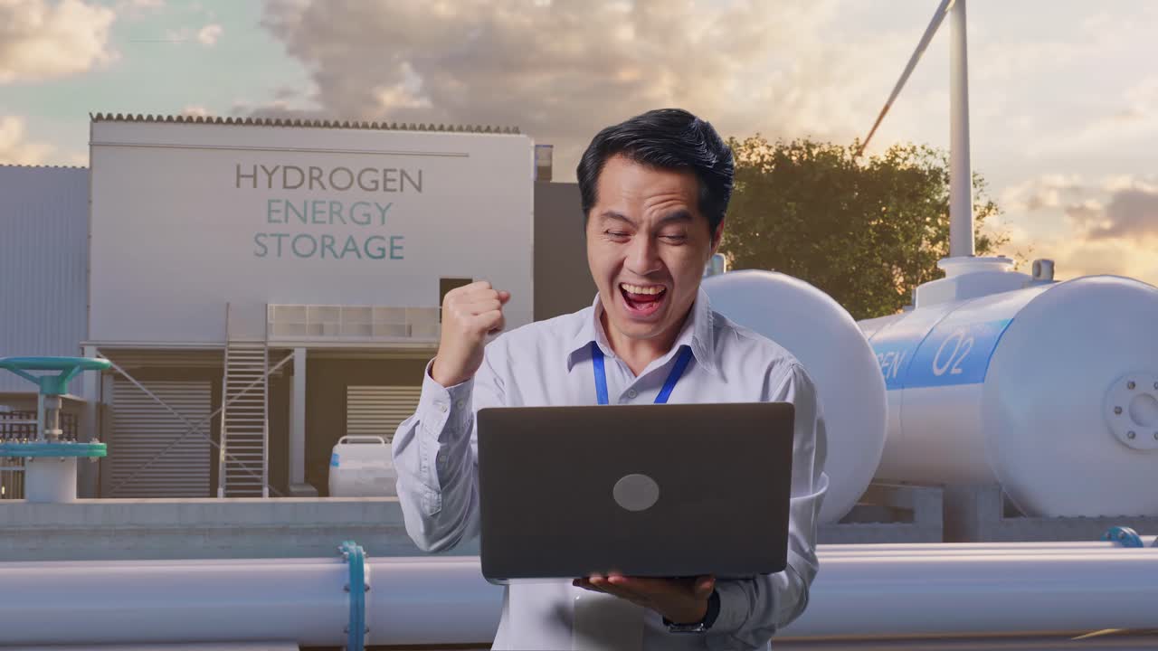 수소 에너지 저장에서 성공을 축하하는 행복한 사업가