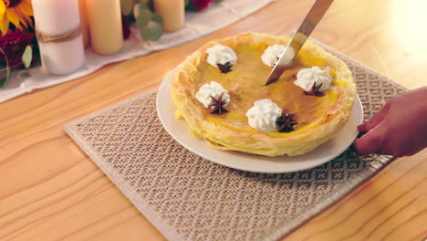 crepe cake, cutting and dessert on table with hand