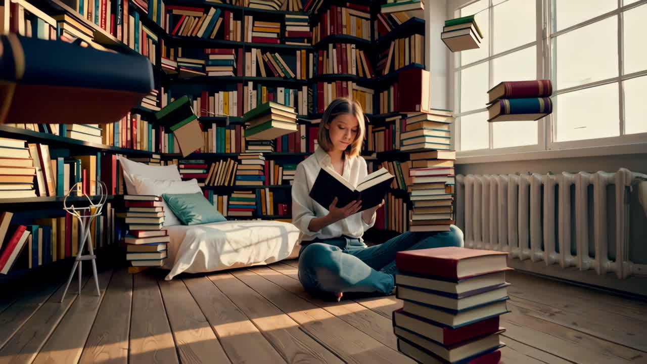mujer leyendo en una biblioteca doméstica