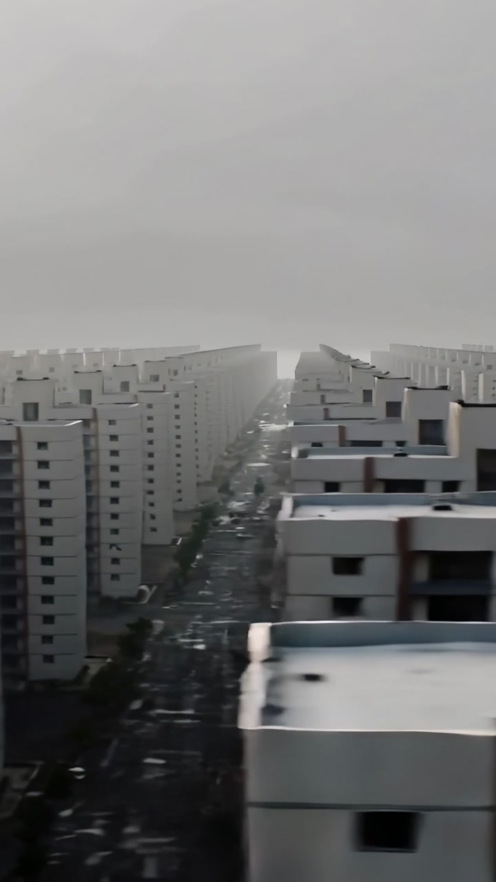 Vertical video: Panning camera revealing flats rows from roof over wet road, cars showing depth