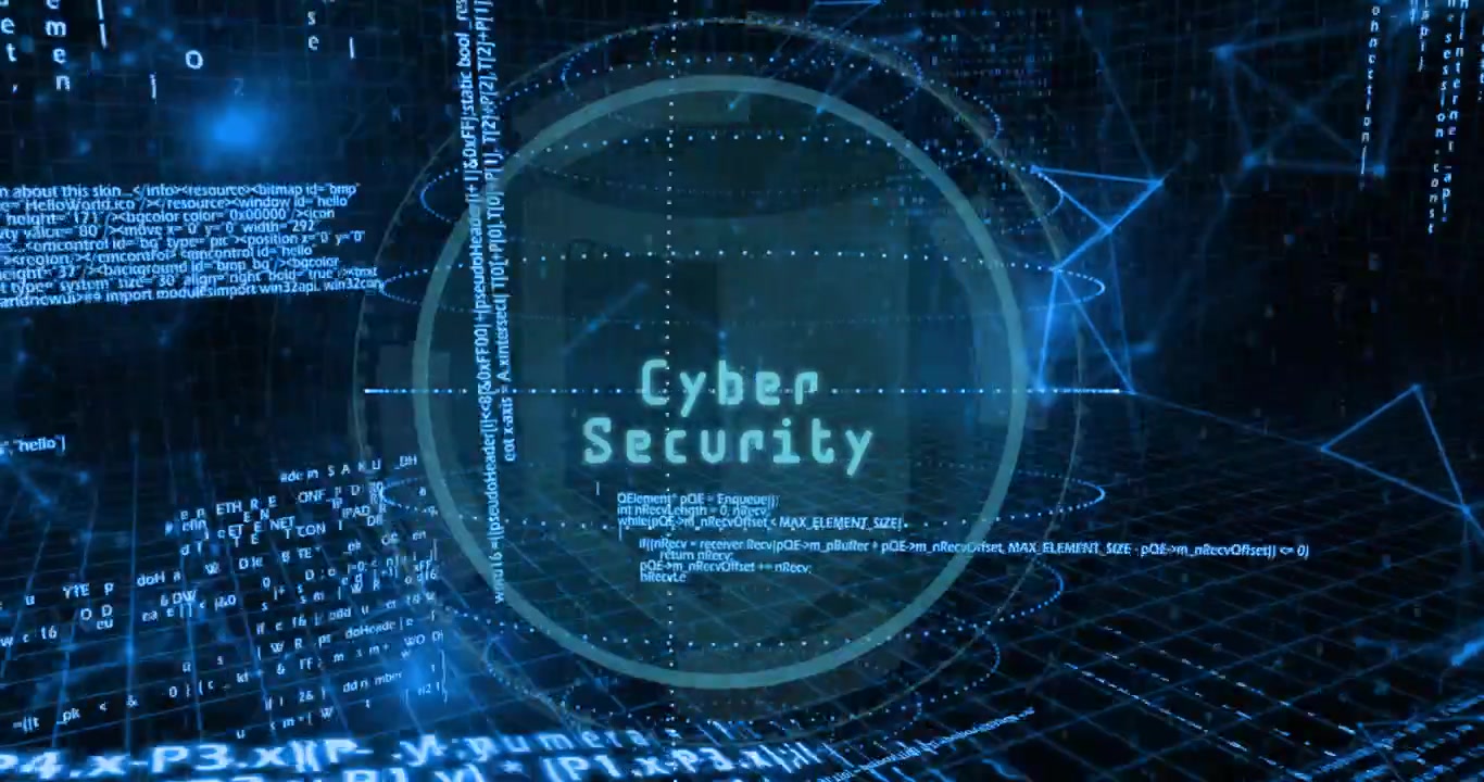 Rotating rings starting HUD formation, Cyber Security dimming, code streams falling to show network