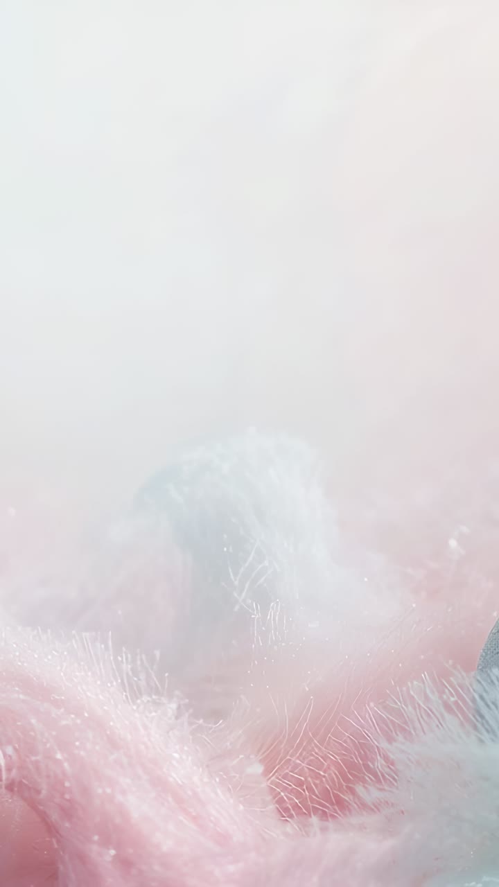 Vertical video: Moving fur tuft responding to light shift in studio haze, dotted edge visible
