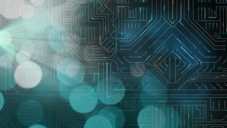 animación del procesamiento de datos en una placa de circuito luminoso de computadora