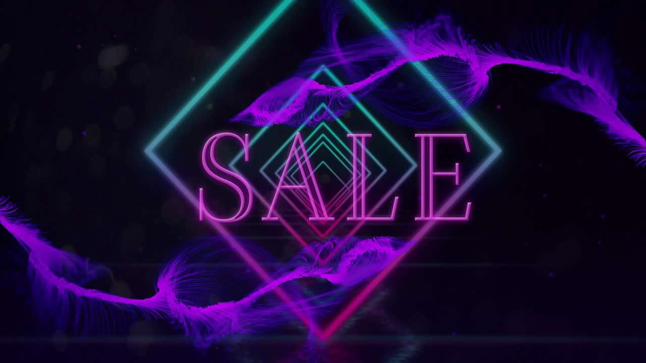 네온 기하학적 모양과 추상적인 보라색 파도에 대한 텍스트 애니메이션