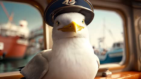 a seagull wearing a sailor's hat sitting on a boat