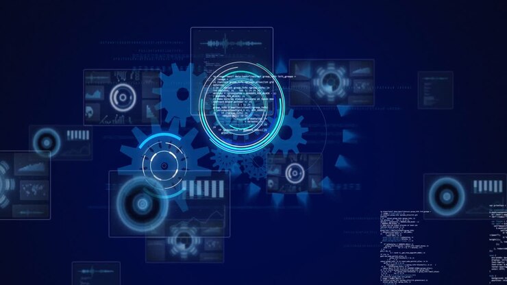 Animation of cogs spinning, scope scanning and data processing