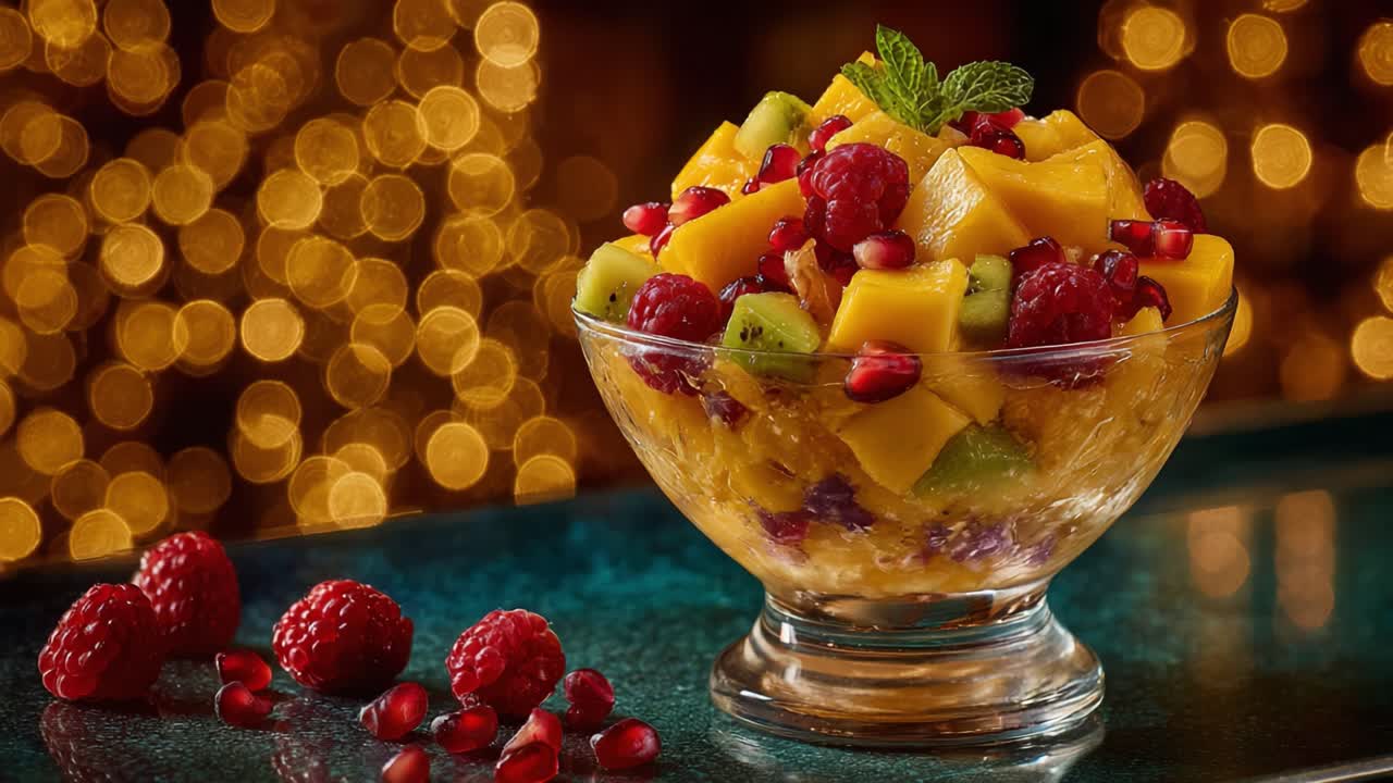 Vibrant Fruit Salad Bowl Featuring Succulent Mango, Juicy Raspberries, and Pomegranate Seeds Against a Glimmering Blurred Background for an Enchanting Presentation