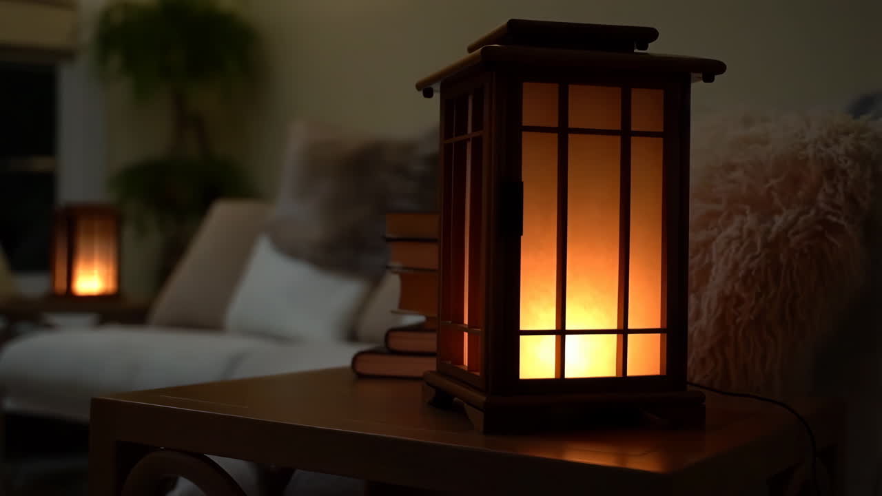 A cozy living room with a warm light from a lantern