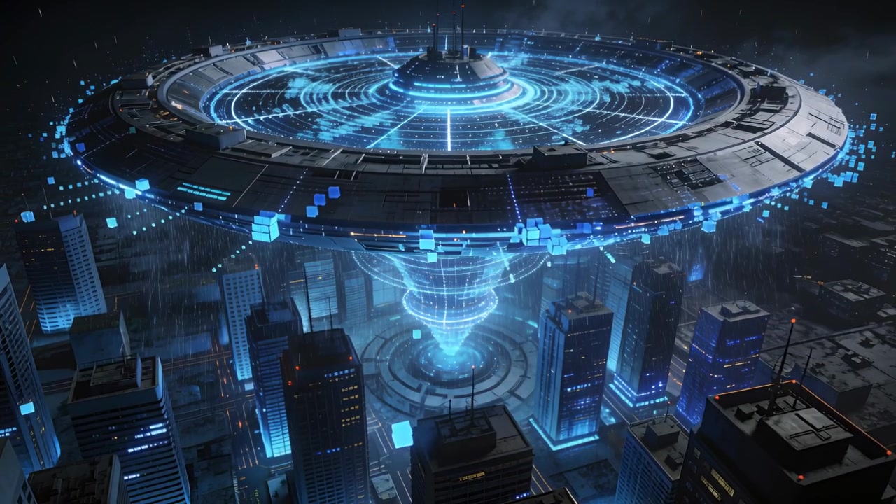 Hovering metal saucer starting hologram ring, projecting vortex to plaza orbiting cubes downtown