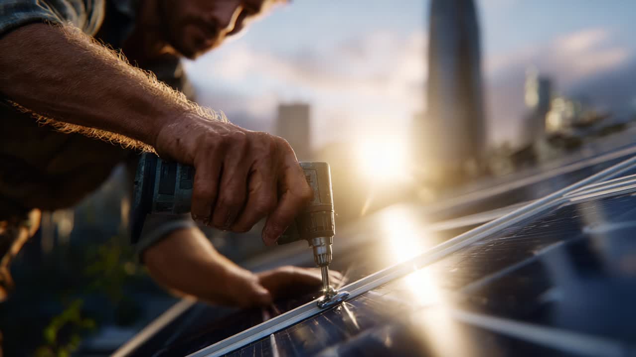A Skilled Worker Installing Solar Panels on a Rooftop Effortlessly, Highlighting Renewable Energy's Growing Importance, As the Sun Sets Behind a Skyscraper, Symbolizing Progress and Sustainability in Urban Environments