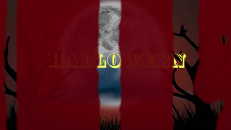 Animation-Von-Halloween-Text-über-Blutflecken,-Bäumen,-Wolken-Und-Mond-Am-Himmel