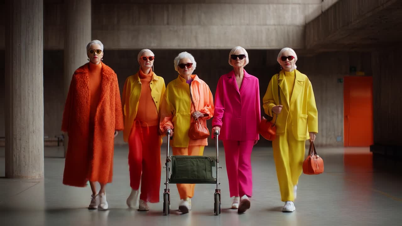 A Vibrant Collective of Fashion-Forward Individuals Highlights Bold Color Choices and Unique Styles as They Strut Confidently in a Modern Urban Setting