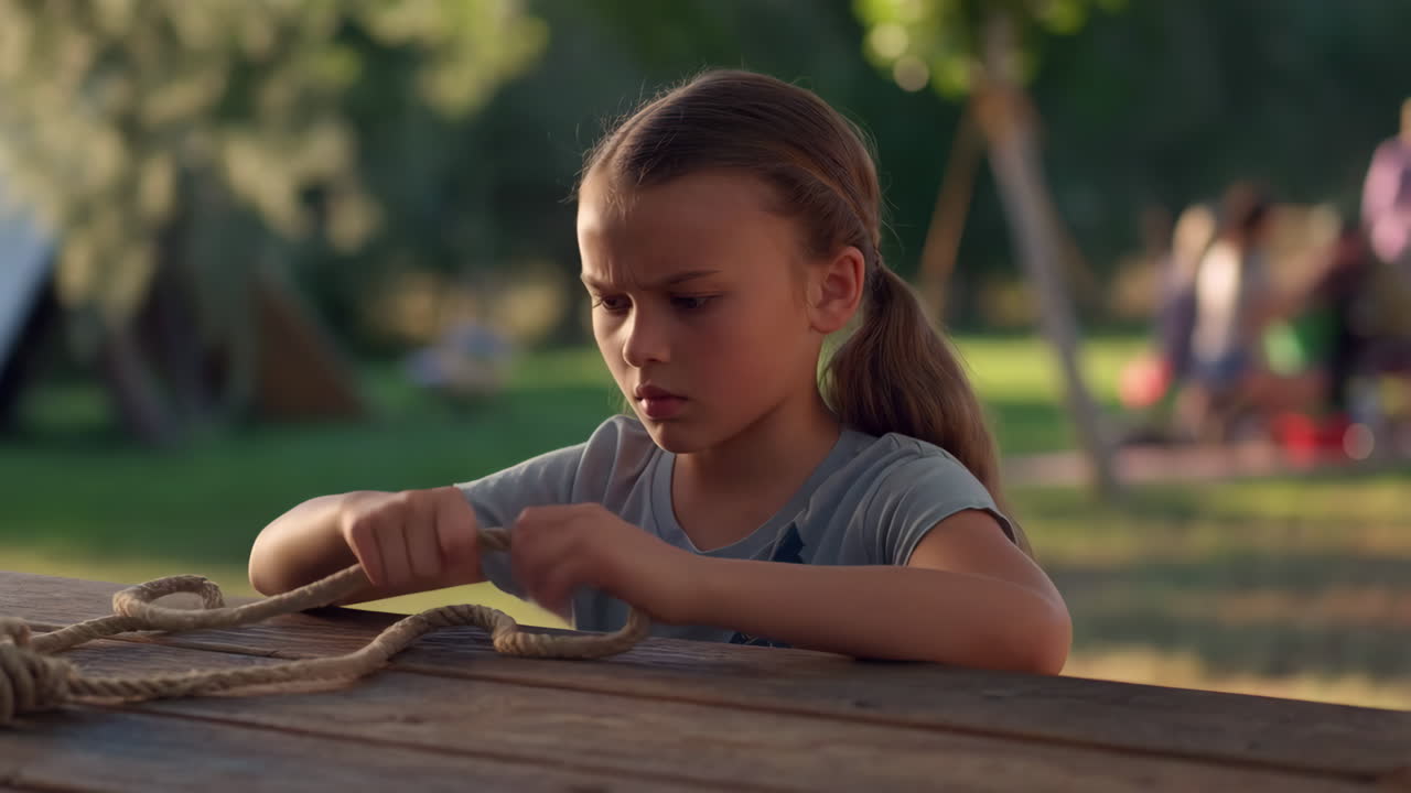 A young girl intently works with a rope at an outdoor table