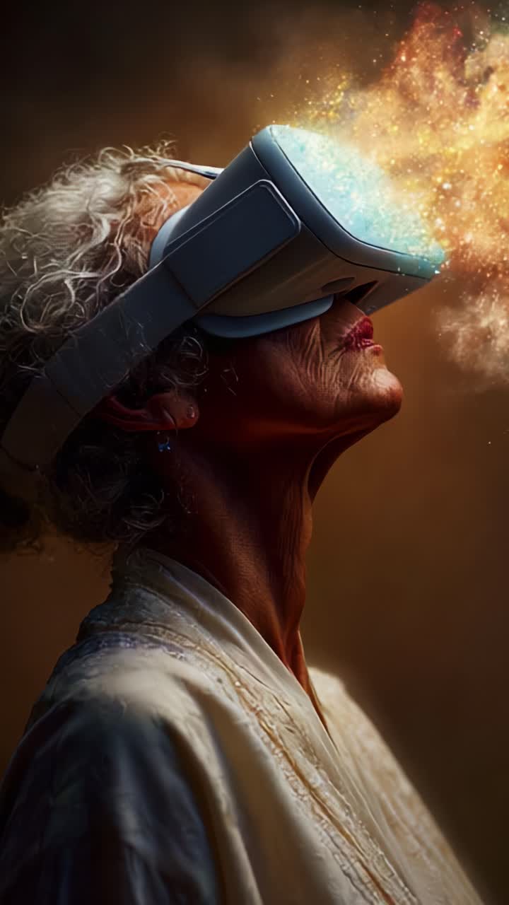 Aging Gracefully: An Elderly Woman Exploring the Wonders of Virtual Reality Amidst a Colorful Burst of Imagination and Creativity