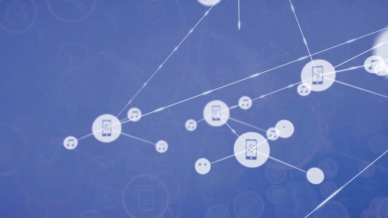 animación de la red de conexiones con iconos digitales sobre fondo azul