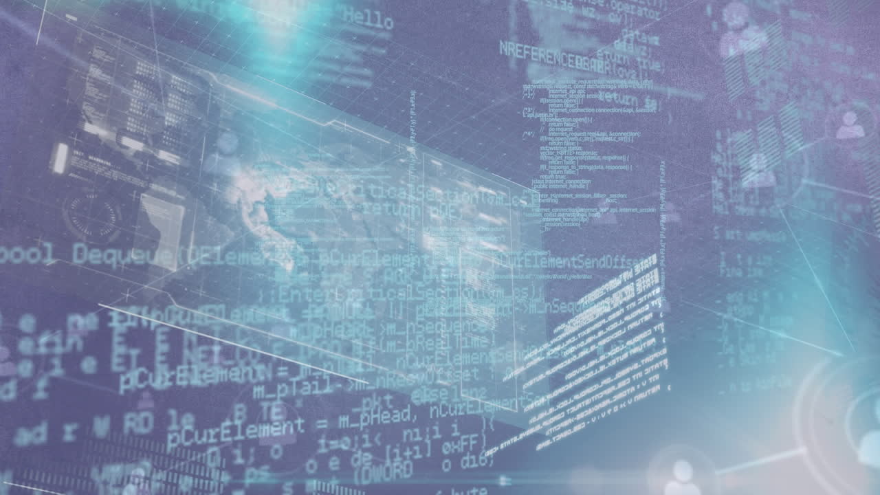 animación de estadísticas y procesamiento de datos en pantalla a través de una red de conexiones