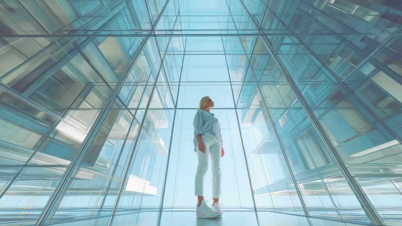 A reflective moment captured within a stunning glass structure, showcasing a figure standing gracefully amidst a modern architectural marvel of transparency and light